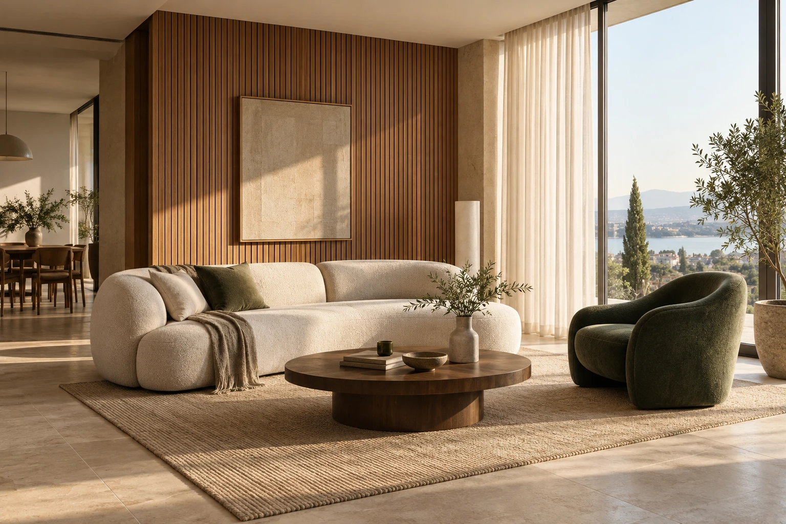 An imagined living room with warm oak, soft sunlight, and a forest green armchair